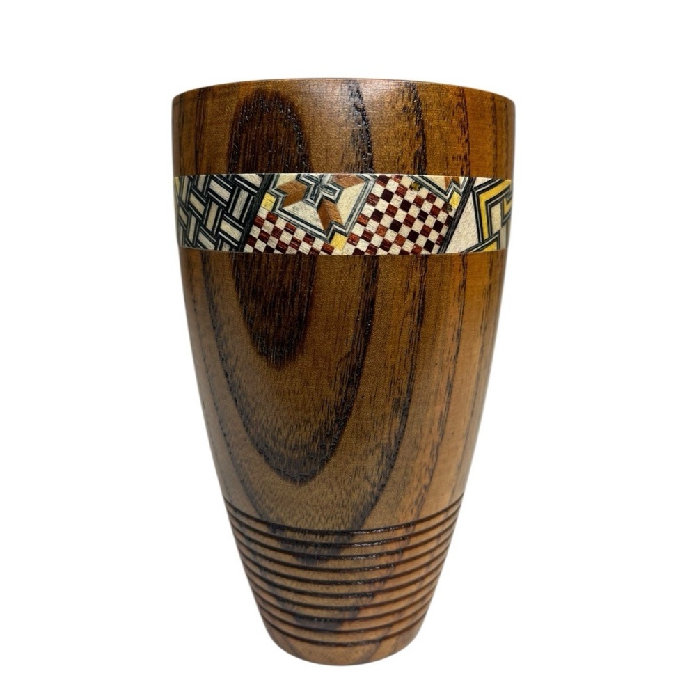 Yosegi Karakuri Gimmick Japanese Hakone Yosegi Cup Drink Wood Marquetry Inlaid